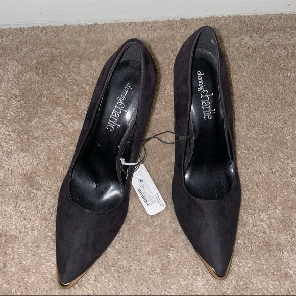 Charming Charlie's Pump Black Pumps With Gold Accents-Size 8 Suede - Picture 2 of 10